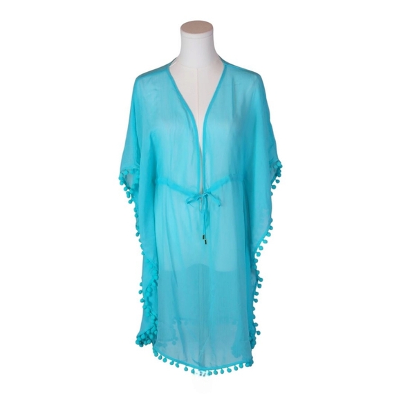 Bleu Rod Beattie Turquoise Pom Pom Trim Sheer Beach Cover Up Size S - Picture 2 of 9